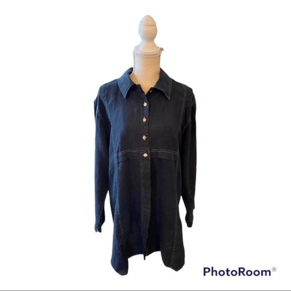 Jute Womens large navy 100% linen midi shirtdress made in Italy
